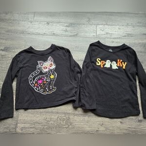 Kids Halloween Black Long Sleeve Tees with Cat and Ghost Designs